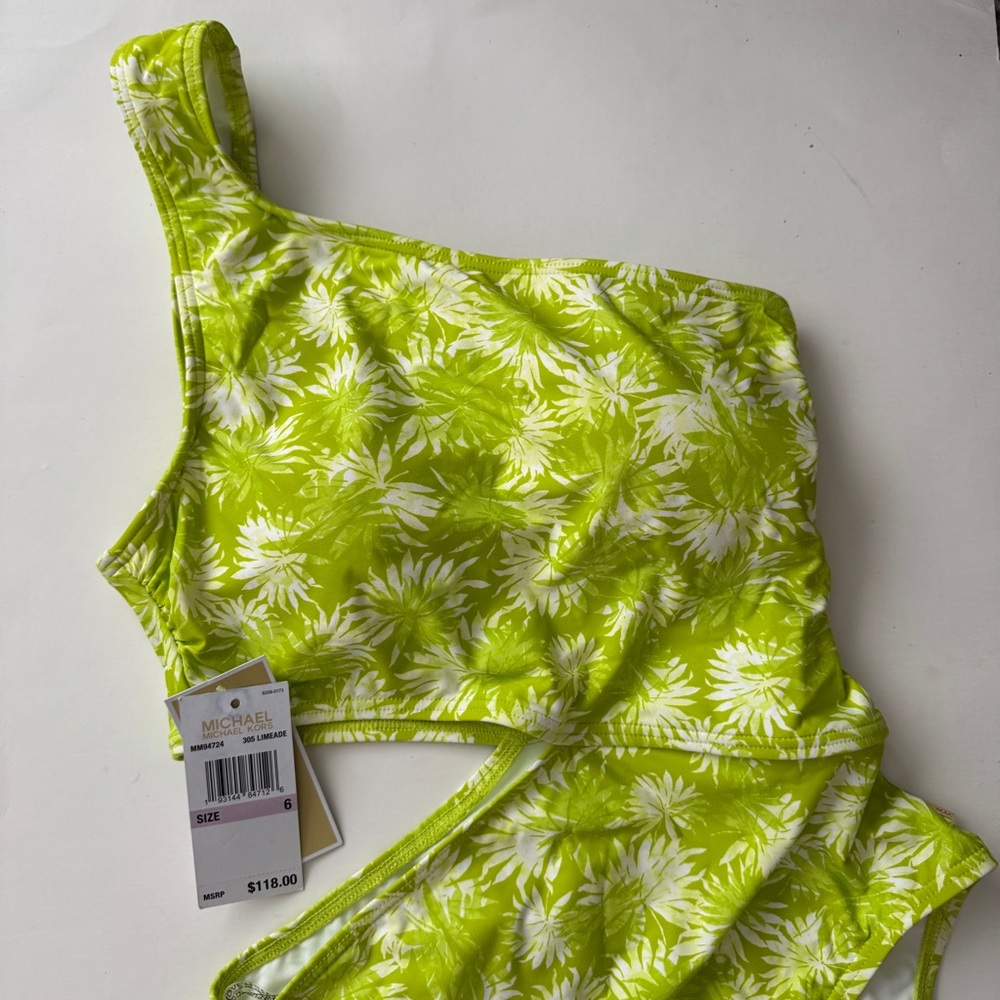 MICHAEL Michael Kors Lime Green and White One-Shoulder Floral One-Piece Swimsuit